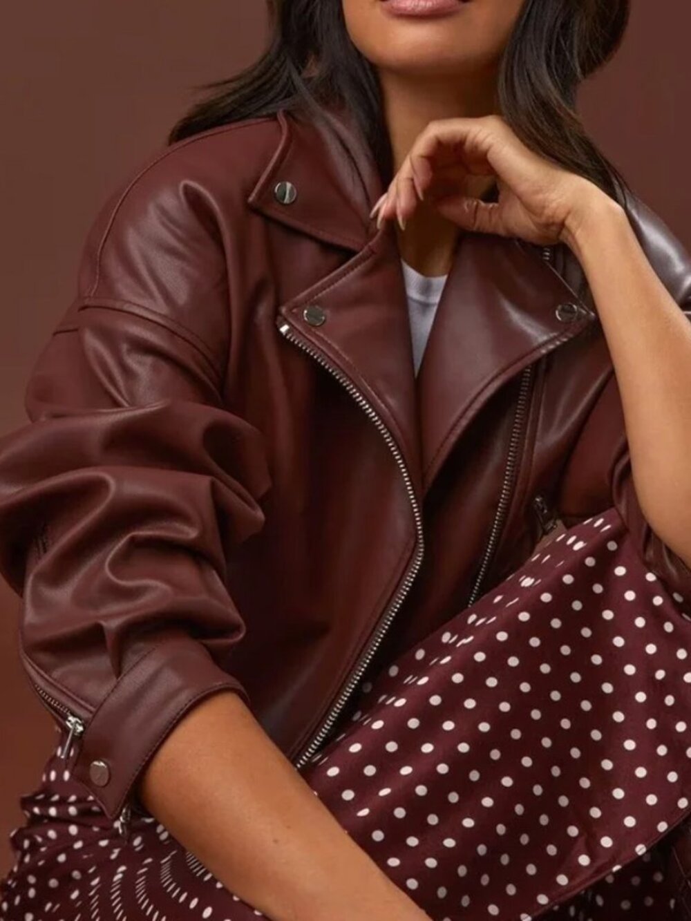 Lamarque Burgundy Brown Vegan Leather Moto Jacket Size M